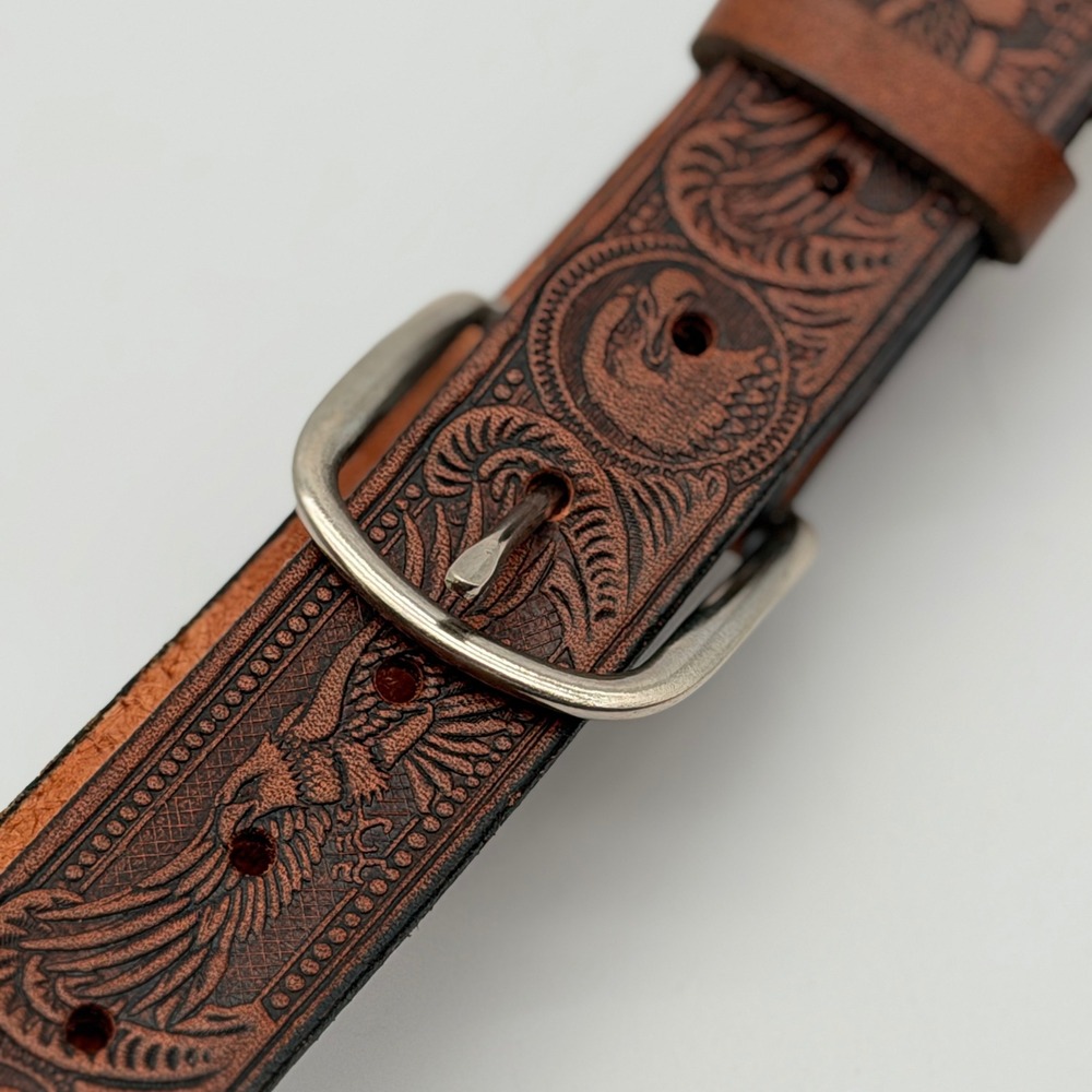 Vintage Western Brown Tooled Leather Belt Eagle Phoenix Embossed Silver Buckle
